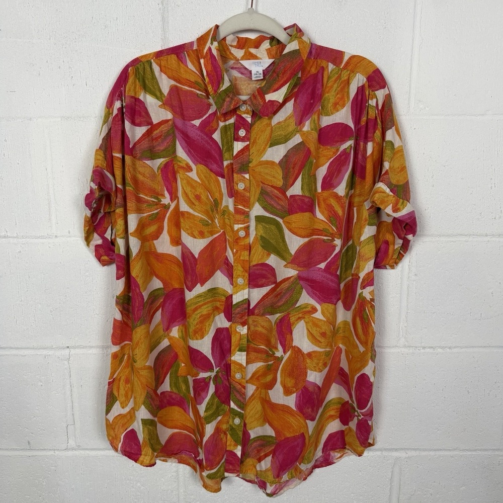 Tropical Floral Button Up Tunic Top Linen Blend Colorful Resort Travel Beach XL